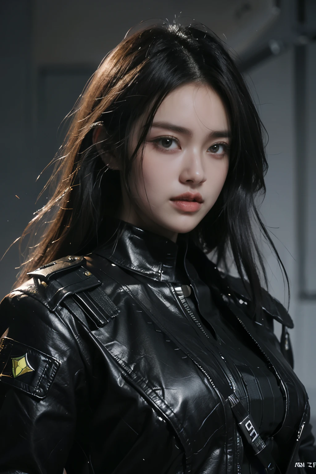 Game art,The best picture quality,Highest resolution,8K,((A bust photograph)),((Portrait)),(Rule of thirds),Unreal Engine 5 rendering works, (The Girl of the Future),(Female Warrior), 22 year old girl,(Female hackerauve gradation of hair,Long hair casual),(A beautiful eye full of detail),(Big breasts),(Eye shadow),Elegant and charming,Smile,(frown),(A futuristic military jacket,Underwear full of technology,The costume combines the characteristics of a police uniform,Joint Armor,A fine badge and pattern),cyberpunk characters,futuristic style, photo poses,city background,Movie lights,Ray tracing,Game CG,((3D Unreal Engine)),OC rendering reflection pattern