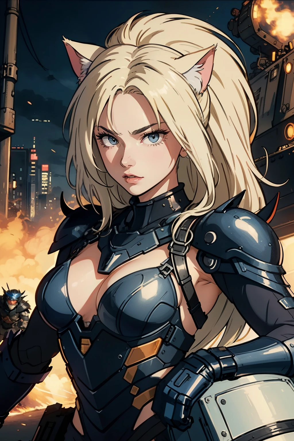 ((highest quality)), ((masterpiece)), (be familiar with), (High definition), 8K, perfect face、2 women、Two blonde women with cat ears、((action scene))、tall、2 Blonde cat ears、2. Long Hair、2. Volumetric hair style、big breasts、constricted waist、big ass、glamorous、Glamorous、protector、Armor、combat suit、combat boots、armed、Equipped with large firearms、In front of the tank、cinematic、best shadow、side lighting、NEO TOKYO、explosion、(close up of face)