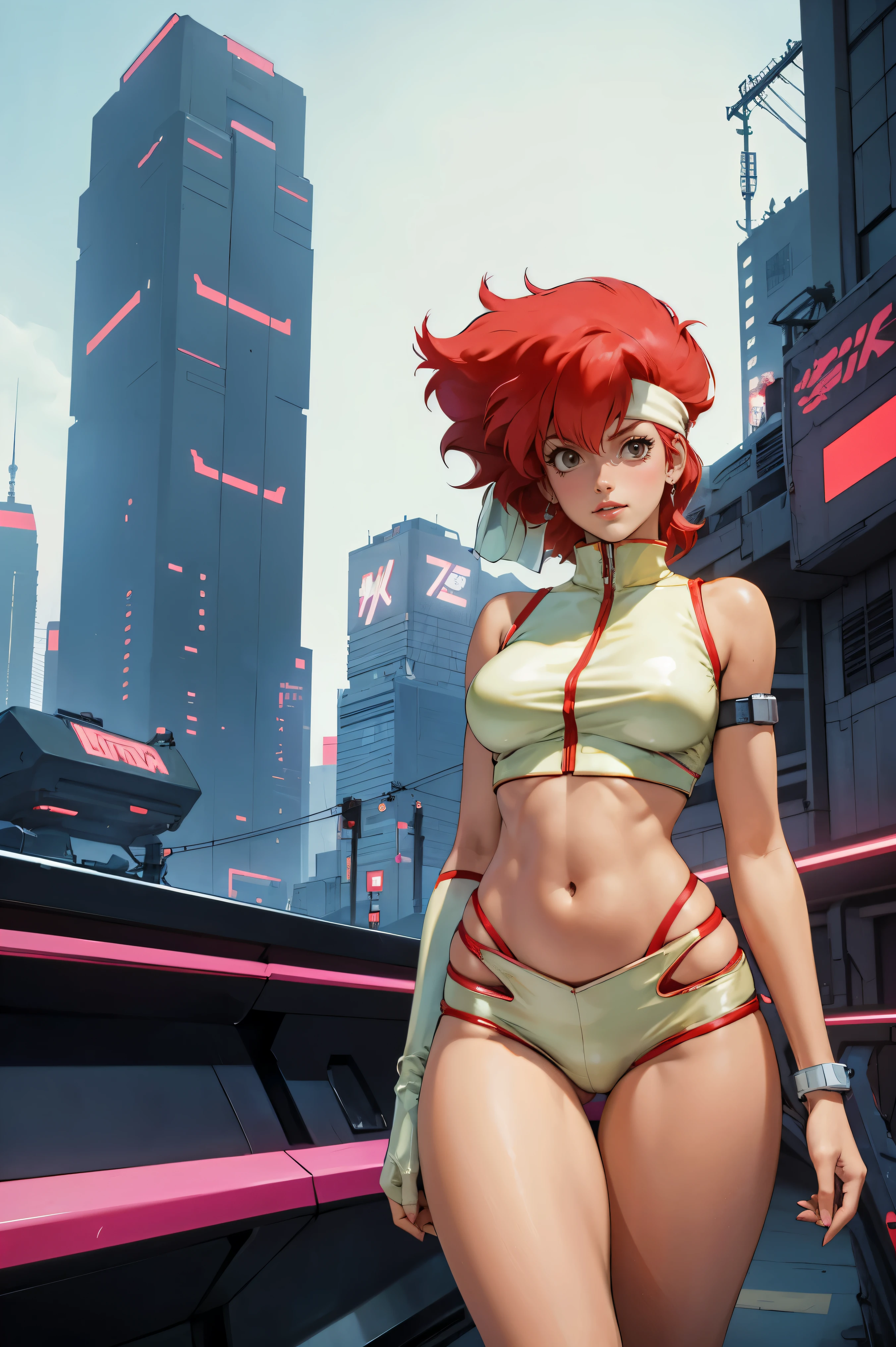 Kei from The Dirty Pair, , wearing a tight outfit, skimpy, medium breast, red hair beauty, cyberpunk city background, holding retro space-gun, headband, slim waist, slim thighs, thigh gap, show belly, light yellow uniform, skinny, slender hips