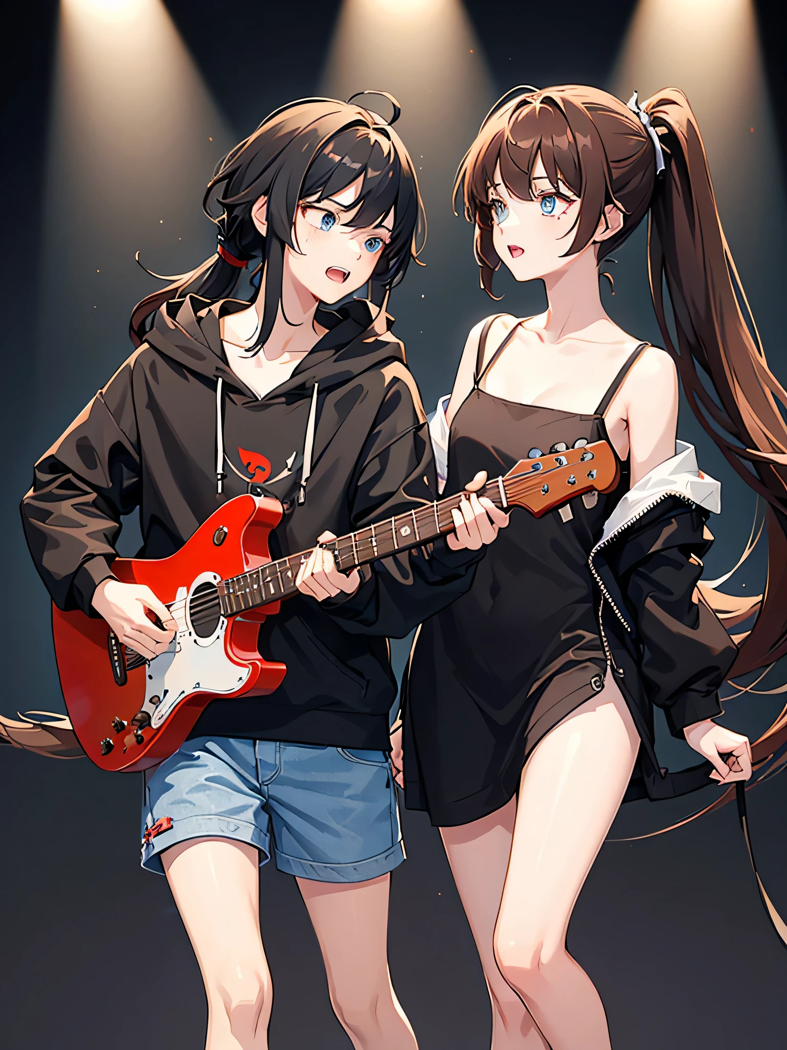 1boy and 1girl,20 years old,conser stage,(boy,black white hoodie,blue eyes,black hair,mullet haircut,sing while playing the guitar), and (girl,using red dress,brown hair,long hair,ponytail hairstyle,brown colour eyes,singing) happy expression