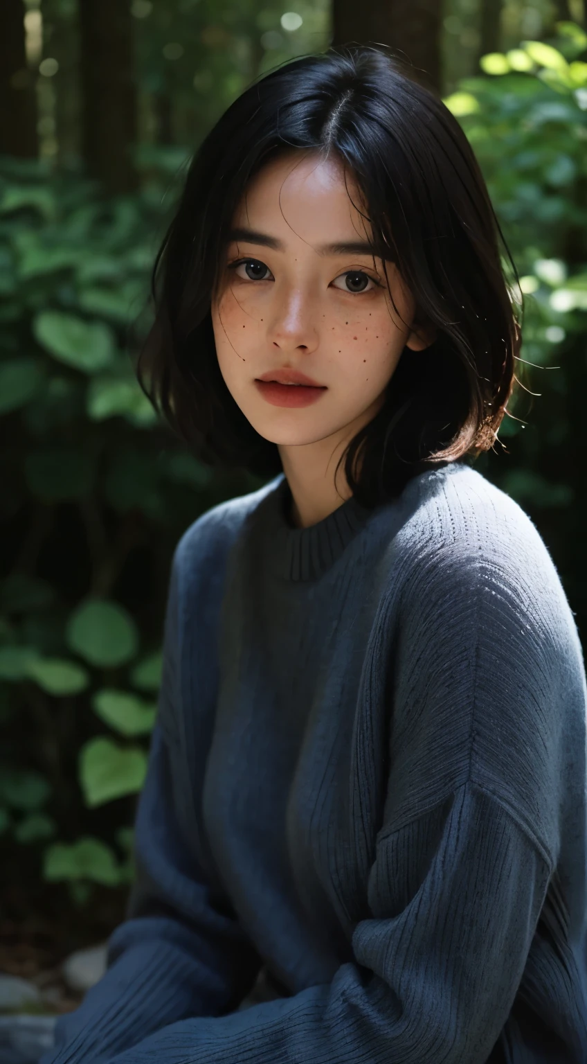 Best quality, masterpiece, ultra high res, (photorealistic:1.5), raw photo, 1girl, dark blue sweater, dense forest , deep shadow, low key, cold light, sexy look, Bob hair, ((freckles)), in front of him there were wild plants, blurry background.