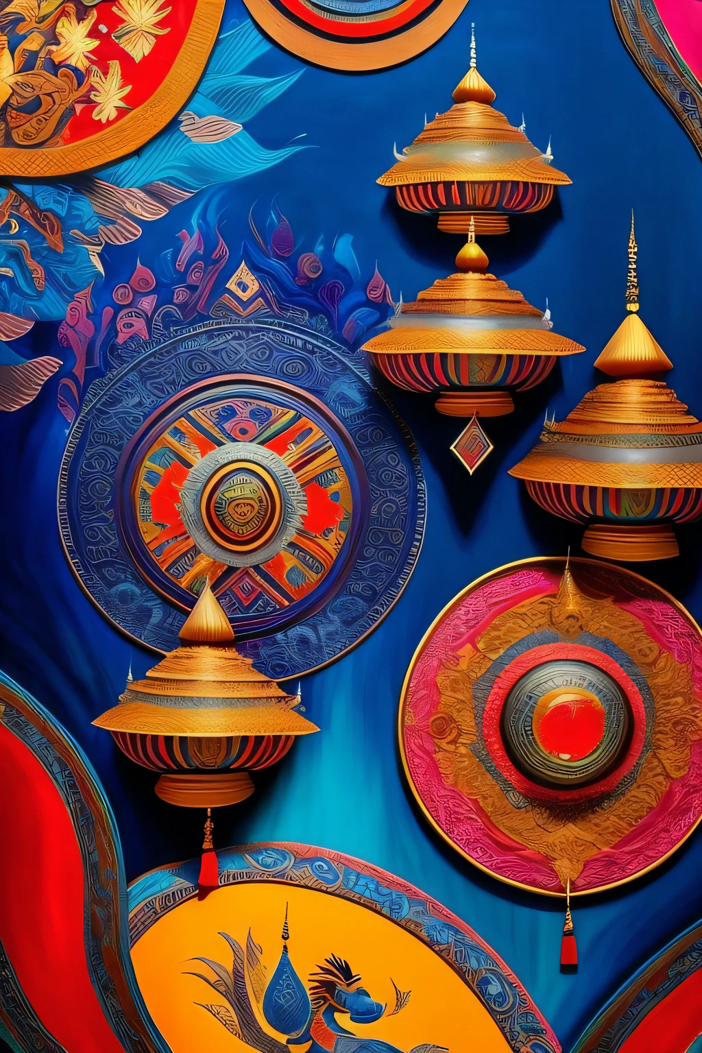 Amidst the ethereal realm of abstract Javanese arts, a mesmerizing ensemble of colors and forms unfolds. The canvas is a vessel for the unconscious, a mirror reflecting the deepest recesses of the Javanese soul. Brushstrokes, akin to the rhythm of gamelan beats, dance across the surface of the painting, creating intricate patterns that resonate with an enigmatic beauty.
The hues of sambal and tempura paint the scene, their vibrancy contrasting against the backdrop of deep indigo and obsidian. In the distance, fantastical Javanese figures emerge from the swirling vortex of colors, their