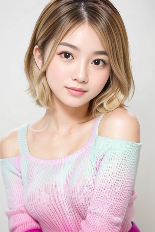 beautiful japanese woman、1 person,Very cute and slim、outstanding style 、((8K image、super high quality))、Very delicate face, Skin and Hair、short hair、straggling hair,(((((((gradient hair、blonde))))))),Very cute and peaceful face、Eyes and nose are clearly visible、kind eyes,(((off shoulder sweater)))、full body shot