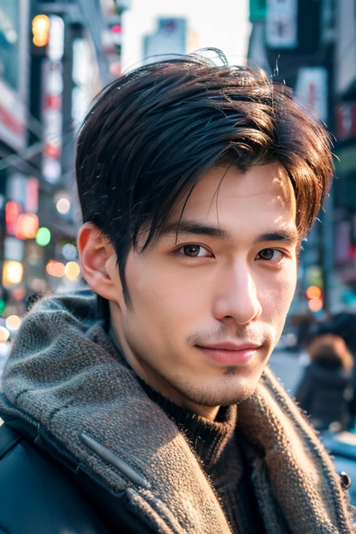 Realism, 8K full body portrait, a handsome guy, A 25-year-old man, charming expression, Detailed facial details, Tokyo Eight City, Winters, Shibuya background