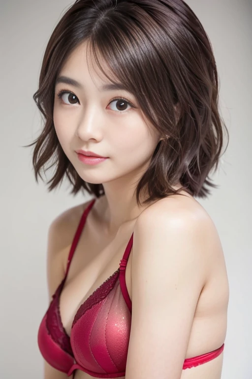 beautiful japanese woman、1 person,Very cute and slim、outstanding style 、((8K image、super high quality))、Very delicate face, Skin and Hair、short hair、straggling hair,(((((((gradient hair、brown hair))))))),Very cute and peaceful face、Eyes and nose are clearly visible、kind eyes,(((red lingerie、simple background、looking at the viewer)))、full body shot