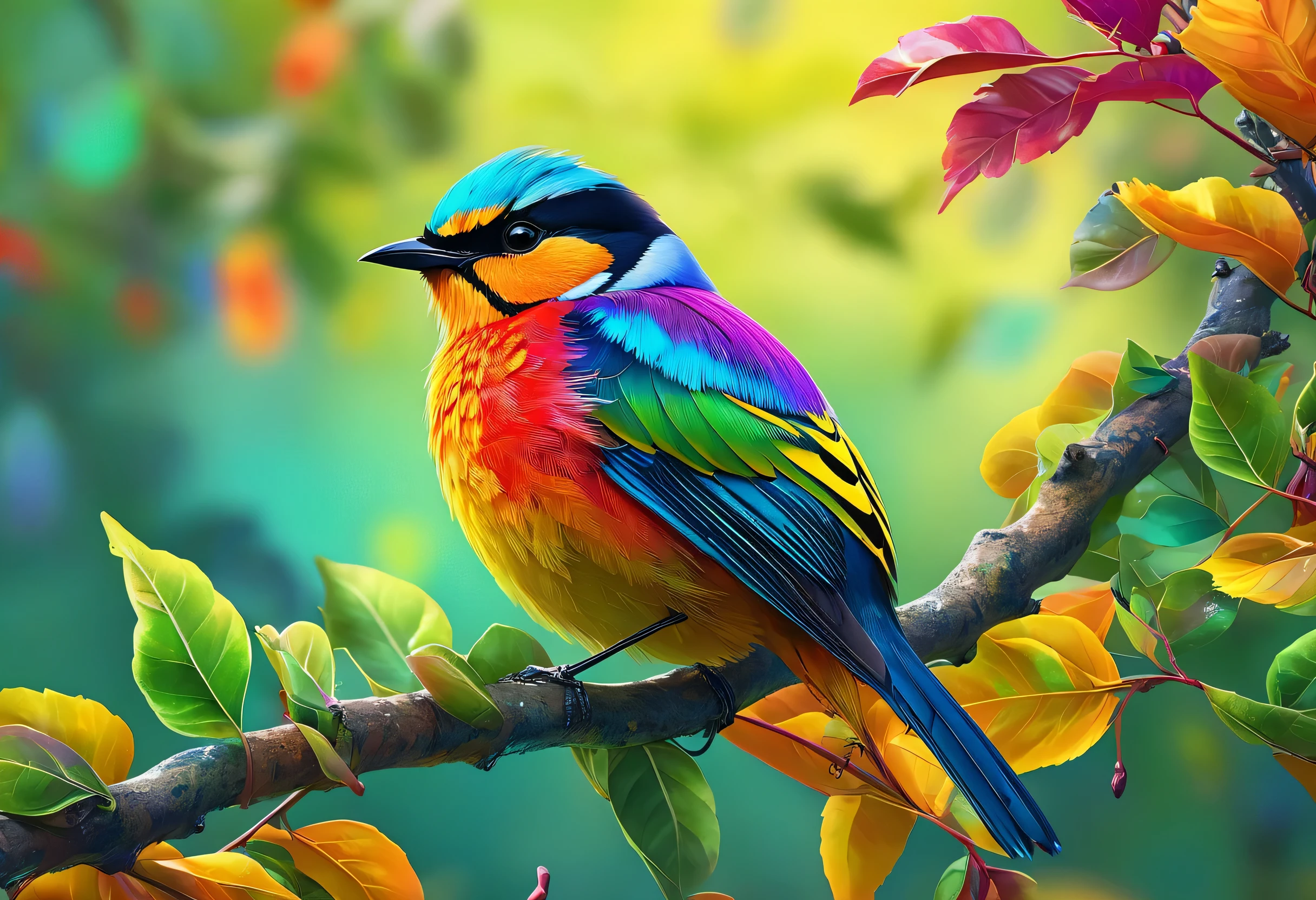 A brightly colored bird perched on a branch with leaves in the background, digital art inspired by Charles Bird King, Trending on Pexels, digital art, colorful hd images, 4k highly detailed digital art, Beautiful art UHD 4K, Colorful 8 k, detailed painting 4k, 8K high quality detailed art, Highly detailed 4K HD wallpaper