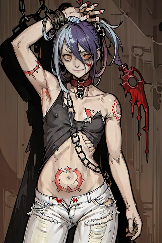 highest quality, High resolution,(A frame made up of chains and skulls),zombie girl、A bloody chainsaw、Splattering blood、amusement park、small eyes、small breasts, Mr.々colored hair, realistic, masterpiece, super detailed, 8K, epic 、cute underwear、tattoo、Cute zombie girl、Splattering blood、amusement park、small eyes、（flat chest）, 不気味colored hair, A lot of chains wrapped around his body、((A body full of stitches)),((A patchwork body))、(Tattered white denim pants)、Bloody tank top、colorful、Collar with a large chain、,(Joined seams)、Holding a bloody sword、A body covered in scars