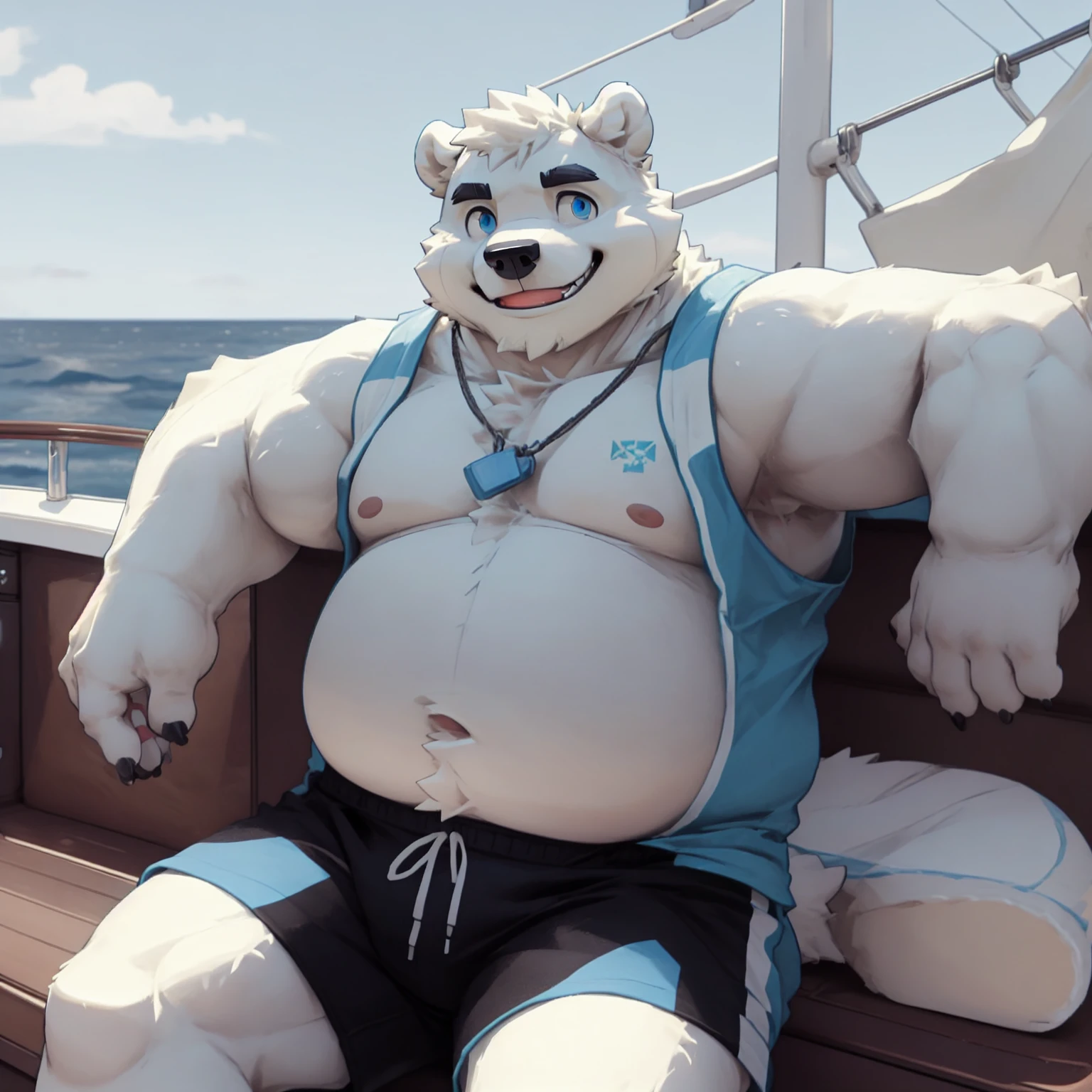 New Jersey 5 Hairy,polar bear,Full body portrait of an individual,exquisite, chubby,Fat,thick arms,Rugged muscles, from the waist down,White plush fur,chubby脸,black eyebrows,sky blue eyes,black pupils,beard,Soaked shorts,yacht,Lie on deck,Enjoy the scenery,Smile