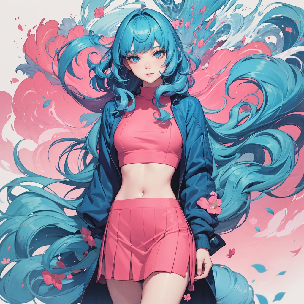 (masterpiece, best quality), beautiful woman, soft light, crop-top with floral pattern, short skirt, cleveage, wavy hair, ponytail, asymmetrical bangs, perfect face, beautiful face, alluring, big gorgeous eyes, soft smile, perfect slim fit body, outdoors, standing, abstract background, bright colors, (risograph), full body shot, fullbody, medium breasts, solo, cleveage, sexy