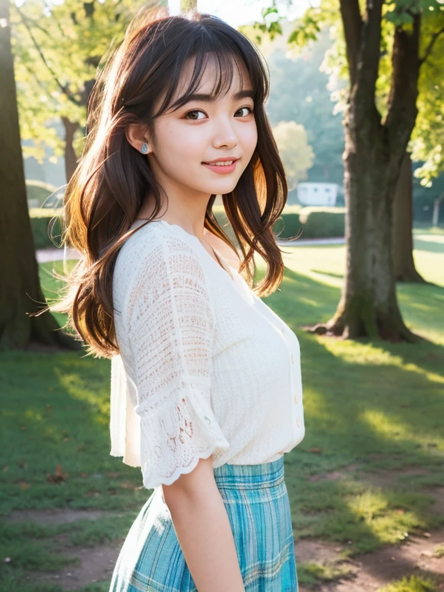 masterpiece, Best Quality, Raw photo, 8K, ultra-detailed face, 1girl, neat and clean beauty, Beautiful detailed skin, backlight, soft light, bashful, (shoot from front:1.2), smile, Luminescent, Anatomically correct, Medium hair, bangs, hair blown by the wind, Eyes and faces with detailed, Textured skin, Professional Photography, Bokeh, Portrait, Professional Lighting, Solo, Cute, Girly, Film grain, silk blouse, skirt, outside, forest shining in the morning sun,