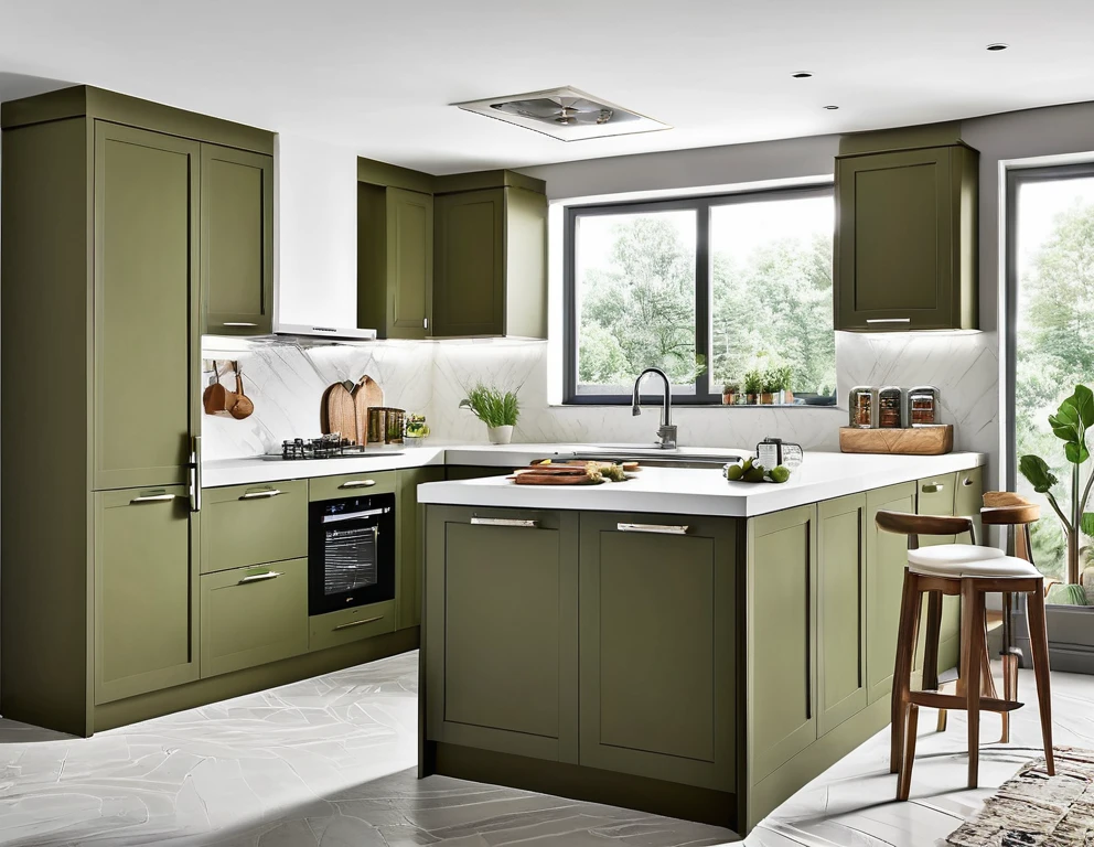Good quality modular kitchen image in classic finish in olive colour with white counter top having tall pantry