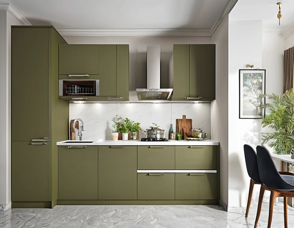 Good quality modular kitchen image in classic finish in olive colour with white counter top having tall pantry 