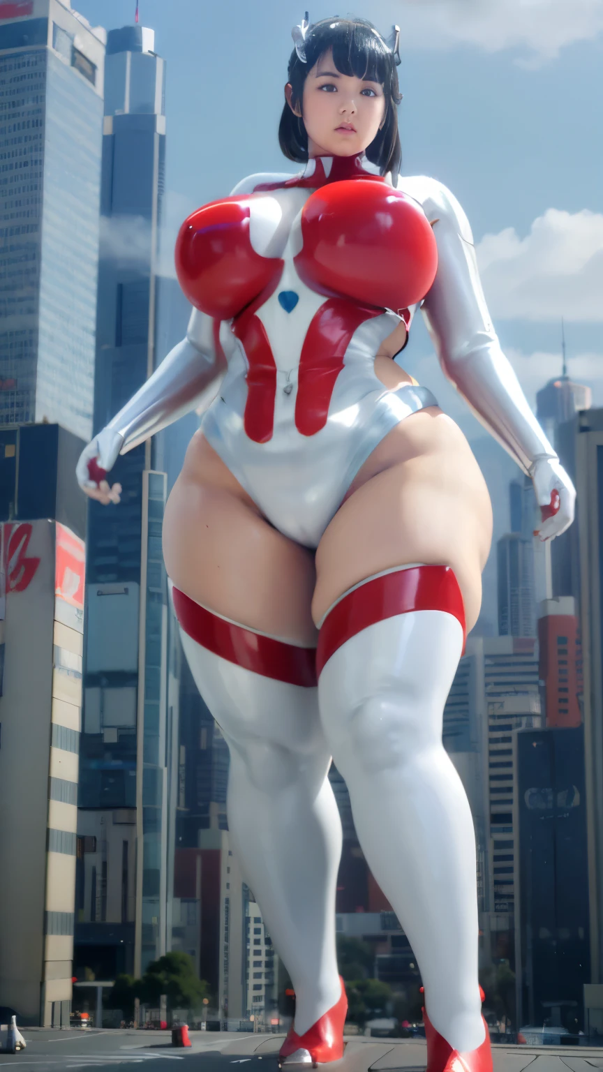Ultraman、Giant、Taller than a building、woman、realistic、High level image quality、write, shiny suit、Ultramanボディスーツ、Silver and red bodysuit、professional photos、Do not expose your skin、wearing a helmet,silver helmet,,((Saggy huge)),((heavy body)),((wide hips)),((thick body)),((fat belly)),((fat girl)),((Chubby)),((big size)),((1人の白人woman)),((hair)),((short hair)),(()),((full body portrait))、very plump, thick body, ,つま先立ちでstand、The skin is not exposed、high heels、Tokyo、stand, full body portrait、