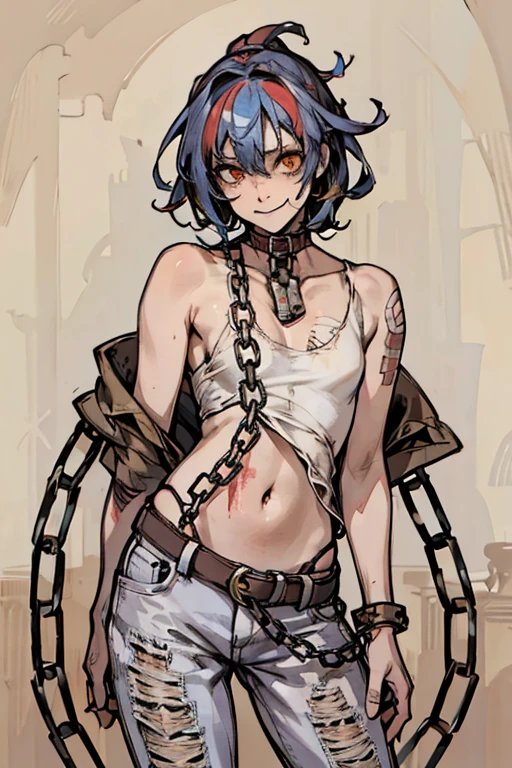 highest quality, High resolution,(Background made up of lots of chains and skeletons、),Cute zombie girl、Splattering blood、amusement park、small eyes、(flat chest), Odd colored hair, realistic, masterpiece, super detailed, realistic, beautiful、A lot of chains wrapped around his body、((A body full of stitches)),((A patchwork body))、(Tattered white denim pants)、Bloody tank top、colorful、Collar with a large chain、,(Joined seams)、bold pose