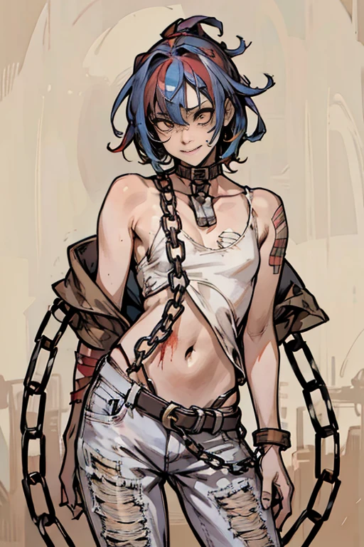 ,highest quality, High resolution,(The background is made up of a lot of chains and ruins.、cemetery、skeleton),Cute zombie girl、Splattering blood、amusement park、small eyes、（flat chest）, Odd colored hair, realistic, masterpiece, super detailed, realistic, beautiful、A lot of chains wrapped around his body、((A body full of stitches)),((A patchwork body))、Tattered denim hot pants、bikini、colorful、Big collar with a chain、crazy smile、(Holding a bloody metal bat),A body in pieces
