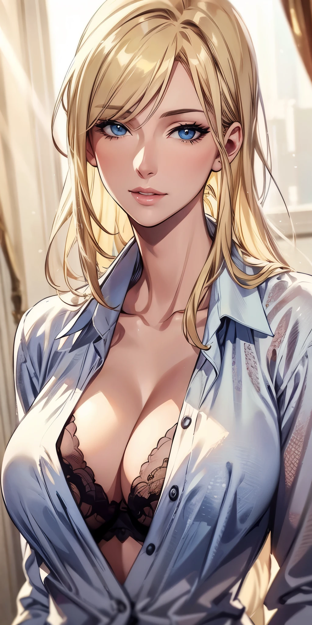 portrait, realistic, elegant mature woman, blue eyes, blonde hair, big , 4k resolution, beautiful cg, soft light