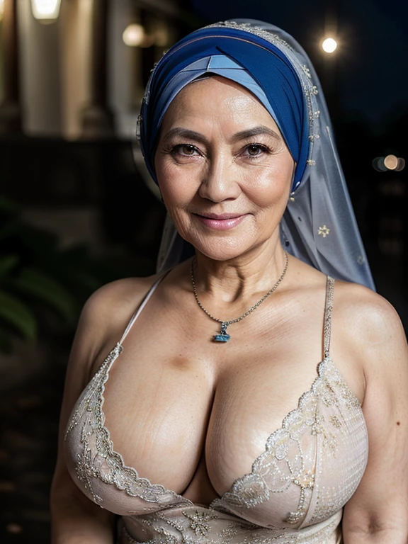 (masterpiece) (old mature) (beauty one)
60 Years old, Vietnam mature woman, wearing simple Hijab, perfect curvy body, (gorgeus eyes) (saggy big breast) natural saggy breast : 4 about to burst out, gorgeous eyes, Soft smile, wearing long dress, necklace, hairband, natural makeup, outdoor at Nigh time, professional photography with excellent lighting, cool colors, 