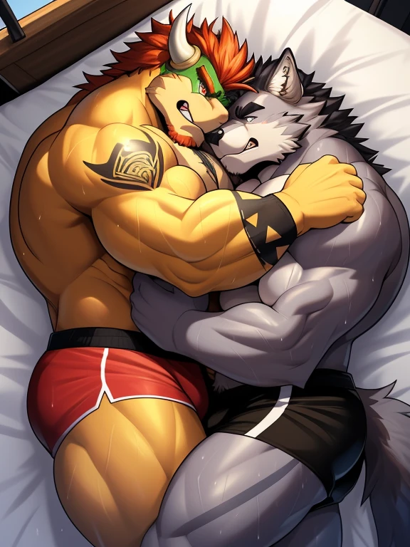 Duo big male fighters(Bowser Koopa vs Gray Wolf, handsomes, perfect eyes, Thick eyebrows), beso gay((Cuddling lying down embraced in a bed match, back perspective)(cuddling body )), hot(Full body, ), handsomes(They are handsomes, correct ), musculosos(Big muscle bodies, Six packs, muscle abs, big pecs, muscle legs, muscle backs), sweaty(very sweaty wet bodies), tatuajes(they have tattoos), Angry(They have an angry expression), Boxing gloves(They both are wearing boxing gloves), boxers(They are wearing shorts boxers), Hight resolution