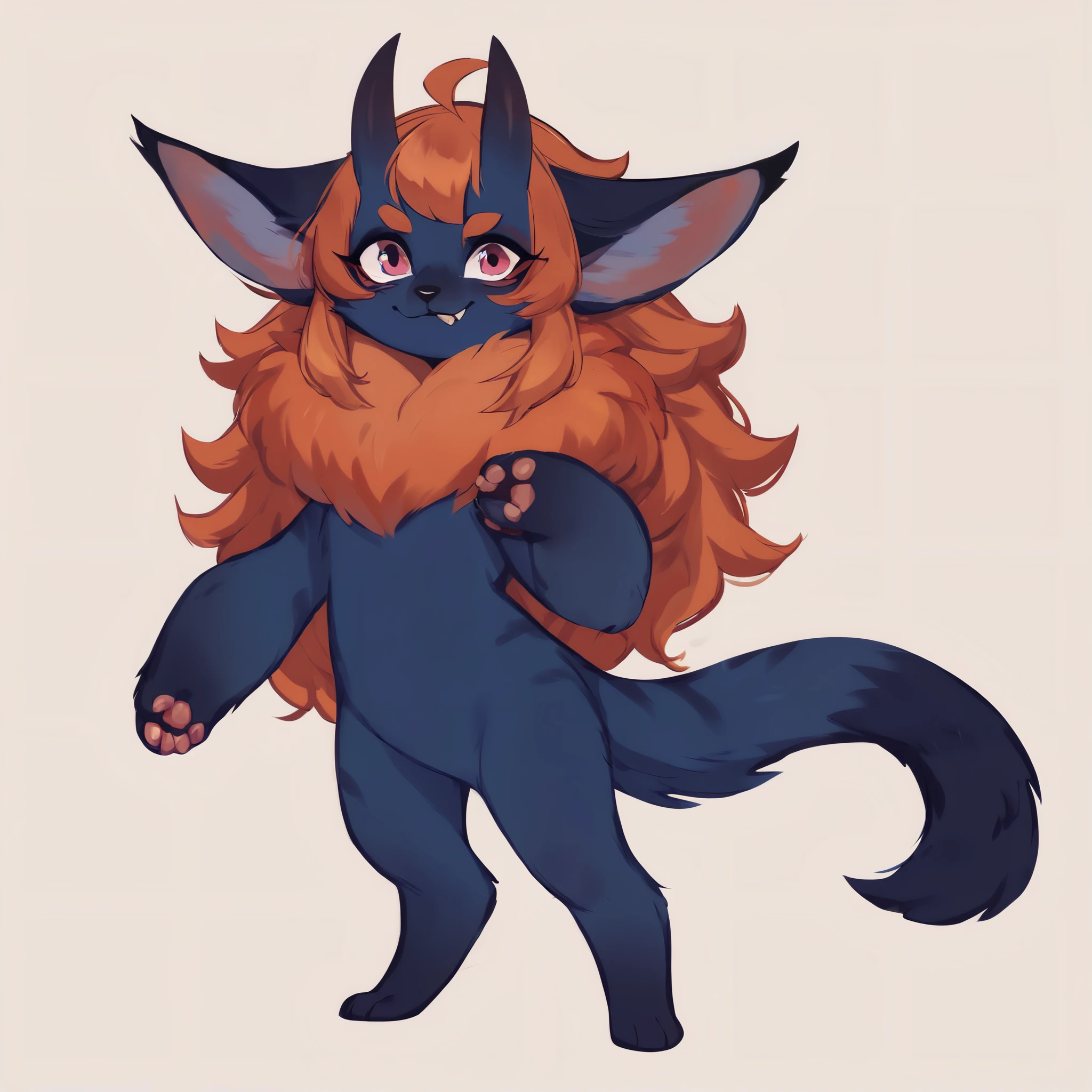 score_9, score_8_up, score_7_up, score_6_up, score_5_up, score_4_up, show accurate, (full body), hungry body, simple background, (solo), (semi anthro), furry, animal furry, female, standing, (ultrafine fur) ((navy dark blue fur)), (orange mane on the neck), (neck covered by mane), little pink oni horns, dark pink eyes, long hair, black hair with orange fire gradient at the ends, tail with hair tip, 