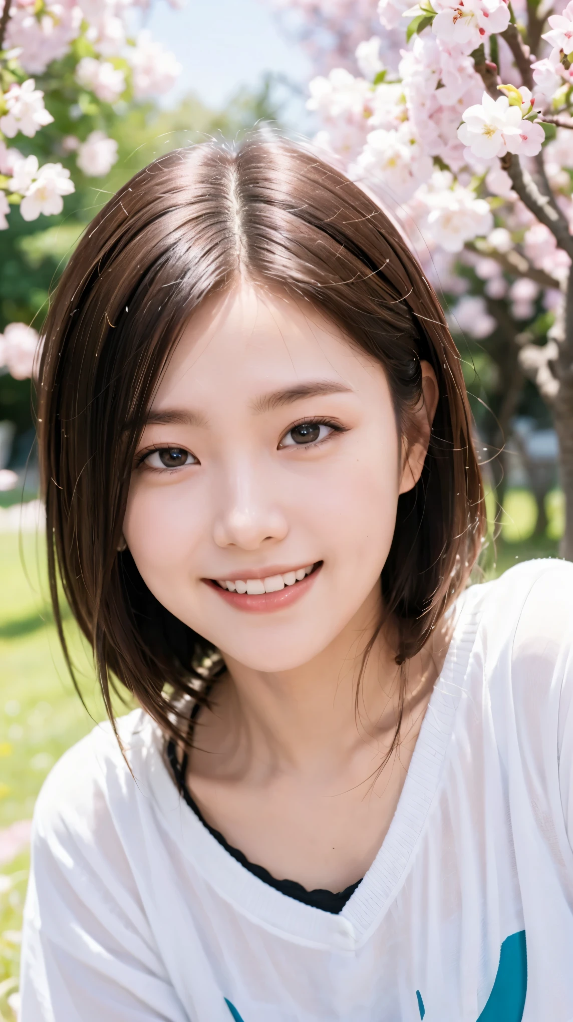 (masterpiece, highest quality, beautiful girl, cute face:1.2), (close your face:1.2), 8K, official art, Raw photo, disorganized, view audience, thin, teen, face light, film grain, chromatic aberration, sharp focus, A very happy smile, Showing a little teeth, dynamic lighting, cinematic lighting, face photo, upward glance, Spring in Japan, under the cherry tree, It's getting warmer, so I'm wearing .