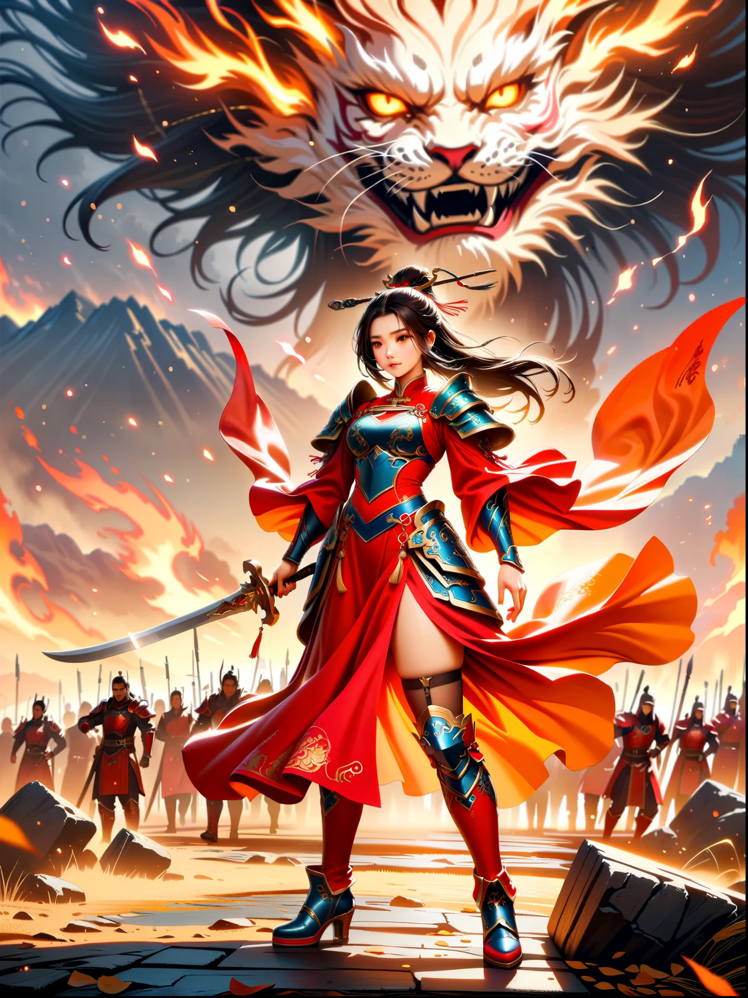 Chinese style, ancient battlefield, an ancient Chinese female general, holding a sword in her hand, grim expression, full body, amazing facial features, red robe, armor, boots, yellow sand in the sky, firelight, game model, stunning lighting, OC rendering, cinematic edge light, delicate light, super detailed, epic composition, super HD, highest quality, masterpiece, high quality, 4k