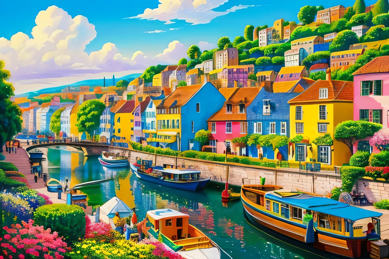 a painting of a colorful city with a river and a boat, Jigsaw Puzzles by Noel Counihan, shutter stock, naive art, Cottage Town, colorful house, Brightly colored buildings, Vibrant gouache painting landscape, Colorful buildings, colorful city, Quaint village, Colorful scene, cityscape, city of pristine colors, Waterfront House, painterly illustration