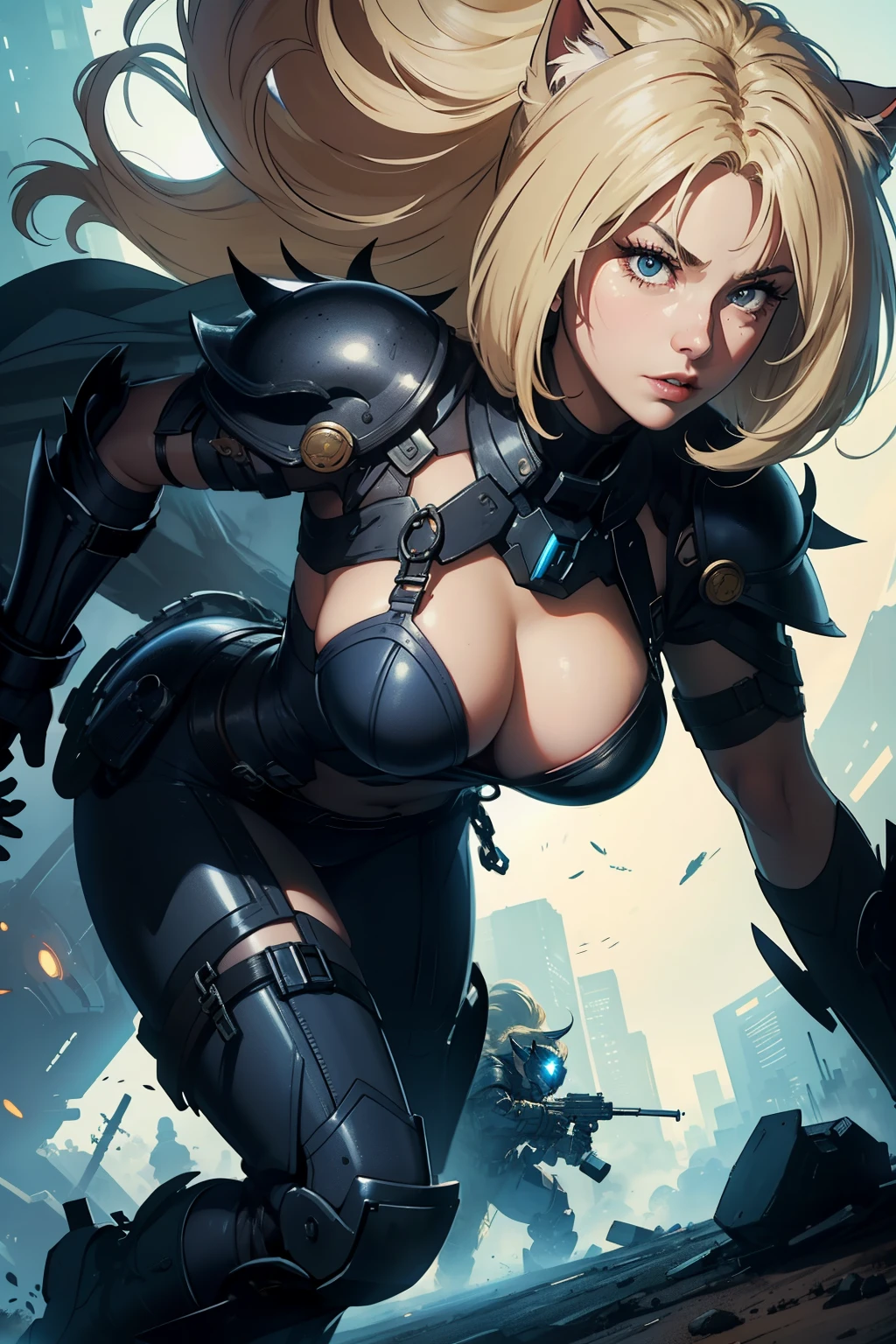 ((highest quality)), ((masterpiece)), (be familiar with), (High definition), 8K, perfect face、2 women、Two blonde women with cat ears、((action scene))、tall、2 Blonde cat ears、2. Long Hair、2. Volumetric hair style、big breasts、constricted waist、big ass、glamorous、Glamorous、protector、Armor、combat suit、combat boots、armed、Equipped with large firearms、In front of the tank、cinematic、best shadow、side lighting、NEO TOKYO、explosion、(close up of face)
