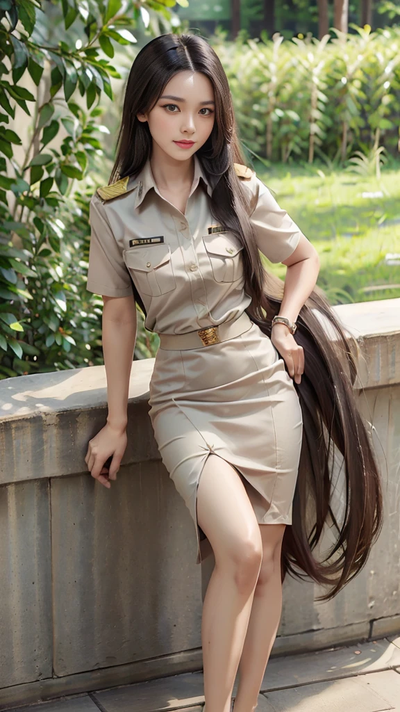 Khaki suit, khaki civil servant, Thai teacher uniform:1.3, Beautiful girl with extra long hair, Two meter long hair, Long hair that catches the eye, long black hair, Her hair is very long., Long, shiny hair, Long, thick, soft hair, Extra long hair, Dynamic posts, like full body, Short sleeve shirtสีกากี, short pencil skirtสีกากี, black high heels, The sexiest, small waist, hips raised, small thighs, Long legs, big breastsโต, big breasts:1.5, big breast, Very big breasts, Eye-catching breasts, Large breasts pierce the shirt, Not completely covered, big breast, Huge breast, Big tits D, สาวTwo meter long hair, Beautiful face, red lips, Very shiny, แต่งBeautiful face, Military rank insignia, short pencil skirt, tight, Short sleeve shirt, tight fitting, in the background, blurred garden. ultra short skirt, , Focus on short skirts, standing mannequin, walk, straight face, Open the top button., Standing in front of the flagpole, In front of the school gate, highest resolution, sharpness, HDR, CG, 16K, สาวสวยในKhaki suit, khaki civil servant, Thai teacher uniform:1.3, Beautiful girl with extra long hair, Two meter long hair, Long hair that catches the eye, long black hair, Her hair is very long., Long, shiny hair, Long, thick, soft hair, Extra long hair, Dynamic posts, like full body, Short sleeve shirtสีกากี, short pencil skirtสีกากี, black high heels, The sexiest, small waist, hips raised, small thighs, Long legs, big breastsโต, big breasts:1.5, big breast, Very big breasts, Eye-catching breasts, Large breasts pierce the shirt, Not completely covered, big breast, Huge breast, Big tits D, สาวTwo meter long hair, Beautiful face, red lips, Very shiny, แต่งBeautiful face, Military rank insignia, short pencil skirt, tight, Short sleeve shirt, tight fitting, in the background, blurred garden. ultra short skirt, , Focus on short skirts, standing mannequin, walk, straight face, Open the top button., Standing in front of the flagpole, In front of the school gate