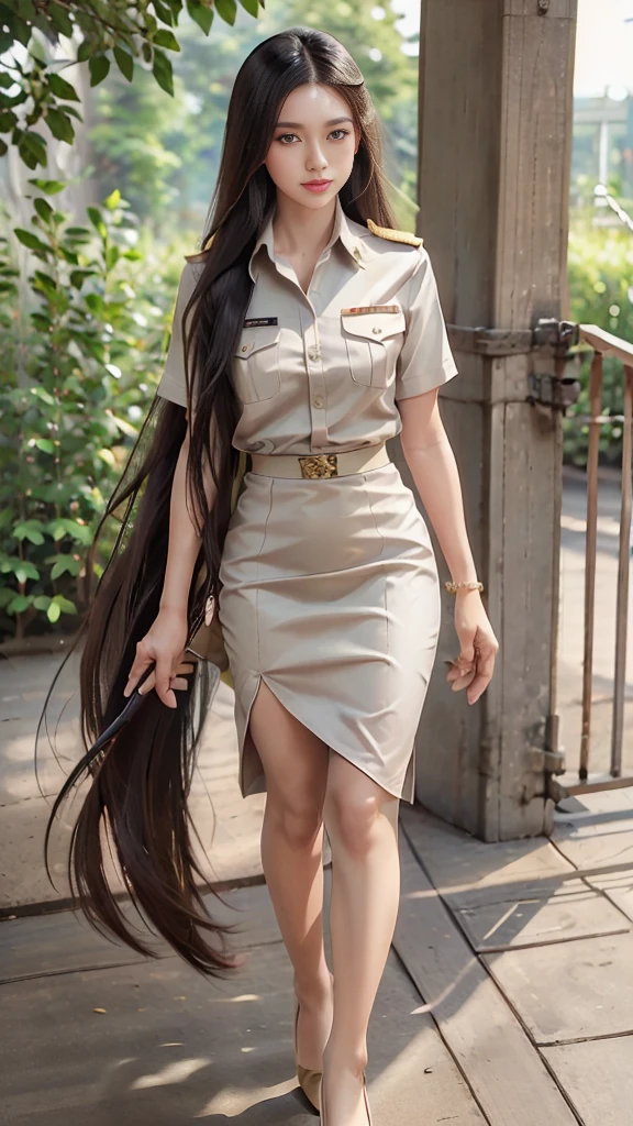 Khaki suit, khaki civil servant, Thai teacher uniform:1.3, Beautiful girl with extra long hair, Two meter long hair, Long hair that catches the eye, long black hair, Her hair is very long., Long, shiny hair, Long, thick, soft hair, Extra long hair, Dynamic posts, like full body, Short sleeve shirtสีกากี, short pencil skirtสีกากี, black high heels, The sexiest, small waist, hips raised, small thighs, Long legs, big breastsโต, big breasts:1.5, big breast, Very big breasts, Eye-catching breasts, Large breasts pierce the shirt, Not completely covered, big breast, Huge breast, Big tits D, สาวTwo meter long hair, Beautiful face, red lips, Very shiny, แต่งBeautiful face, Military rank insignia, short pencil skirt, tight, Short sleeve shirt, tight fitting, in the background, blurred garden. ultra short skirt, , Focus on short skirts, standing mannequin, walk, straight face, Open the top button., Standing in front of the flagpole, In front of the school gate, highest resolution, sharpness, HDR, CG, 16K, สาวสวยในKhaki suit, khaki civil servant, Thai teacher uniform:1.3, Beautiful girl with extra long hair, Two meter long hair, Long hair that catches the eye, long black hair, Her hair is very long., Long, shiny hair, Long, thick, soft hair, Extra long hair, Dynamic posts, like full body, Short sleeve shirtสีกากี, short pencil skirtสีกากี, black high heels, The sexiest, small waist, hips raised, small thighs, Long legs, big breastsโต, big breasts:1.5, big breast, Very big breasts, Eye-catching breasts, Large breasts pierce the shirt, Not completely covered, big breast, Huge breast, Big tits D, สาวTwo meter long hair, Beautiful face, red lips, Very shiny, แต่งBeautiful face, Military rank insignia, short pencil skirt, tight, Short sleeve shirt, tight fitting, in the background, blurred garden. ultra short skirt, , Focus on short skirts, standing mannequin, walk, straight face, Open the top button., Standing in front of the flagpole, In front of the school gate