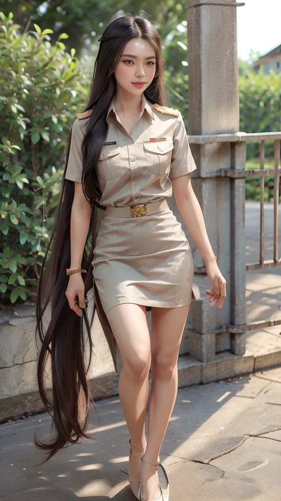 Khaki suit, khaki civil servant, Thai teacher uniform:1.3, Beautiful girl with extra long hair, Two meter long hair, Long hair that catches the eye, long black hair, Her hair is very long., Long, shiny hair, Long, thick, soft hair, Extra long hair, Dynamic posts, like full body, Short sleeve shirtสีกากี, short pencil skirtสีกากี, black high heels, The sexiest, small waist, hips raised, small thighs, Long legs, big breastsโต, big breasts:1.5, big breast, Very big breasts, Eye-catching breasts, Large breasts pierce the shirt, Not completely covered, big breast, Huge breast, Big tits D, สาวTwo meter long hair, Beautiful face, red lips, Very shiny, แต่งBeautiful face, Military rank insignia, short pencil skirt, tight, Short sleeve shirt, tight fitting, in the background, blurred garden. ultra short skirt, , Focus on short skirts, standing mannequin, walk, straight face, Open the top button., Standing in front of the flagpole, In front of the school gate, highest resolution, sharpness, HDR, CG, 16K, สาวสวยในKhaki suit, khaki civil servant, Thai teacher uniform:1.3, Beautiful girl with extra long hair, Two meter long hair, Long hair that catches the eye, long black hair, Her hair is very long., Long, shiny hair, Long, thick, soft hair, Extra long hair, Dynamic posts, like full body, Short sleeve shirtสีกากี, short pencil skirtสีกากี, black high heels, The sexiest, small waist, hips raised, small thighs, Long legs, big breastsโต, big breasts:1.5, big breast, Very big breasts, Eye-catching breasts, Large breasts pierce the shirt, Not completely covered, big breast, Huge breast, Big tits D, สาวTwo meter long hair, Beautiful face, red lips, Very shiny, แต่งBeautiful face, Military rank insignia, short pencil skirt, tight, Short sleeve shirt, tight fitting, in the background, blurred garden. ultra short skirt, , Focus on short skirts, standing mannequin, walk, straight face, Open the top button., Standing in front of the flagpole, In front of the school gate