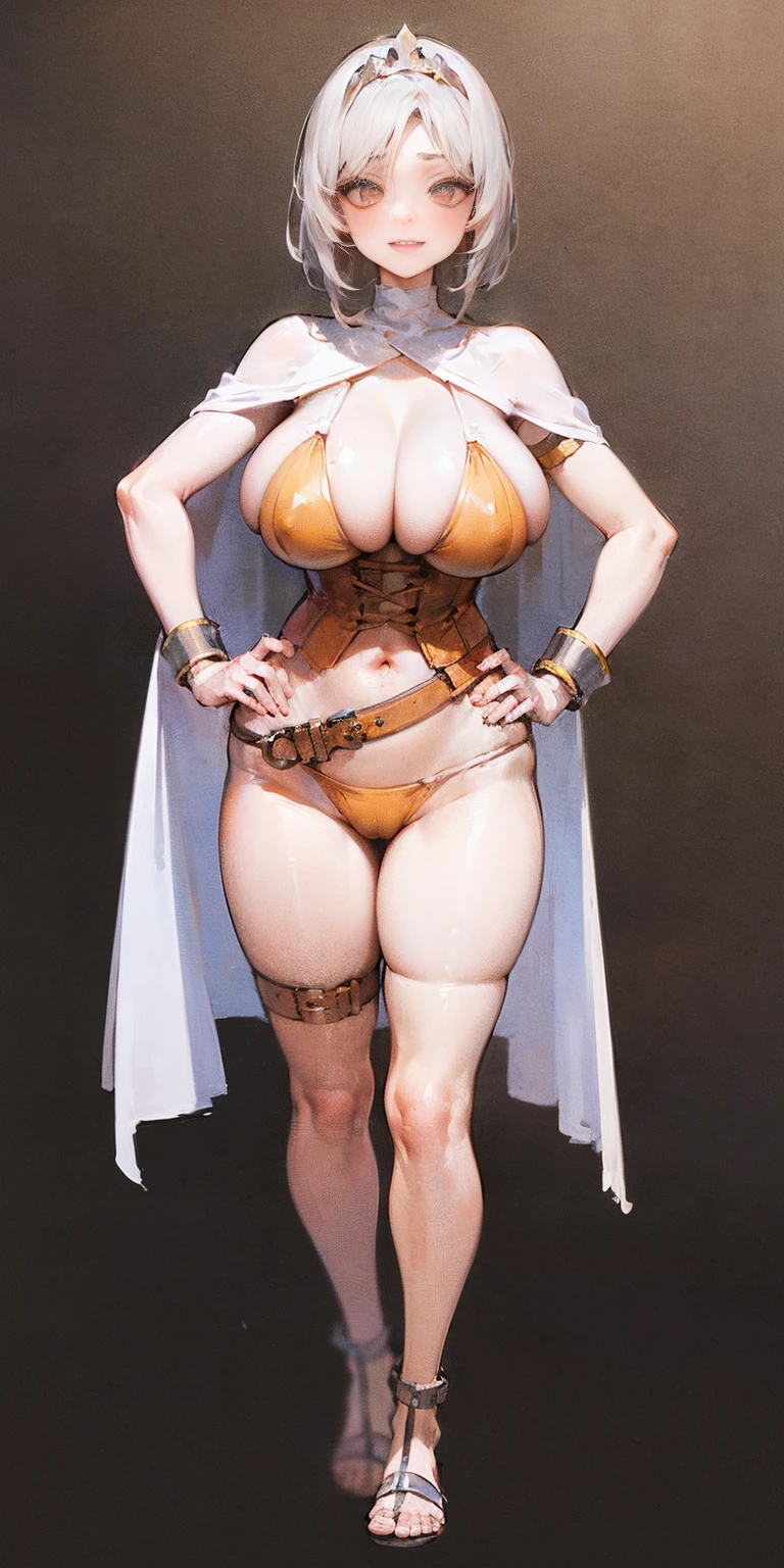 ((BLACK BACKGROUND,1:2, masterpiece)), full body MILF BIMBO standing with two long thighs and two metal sandals, red eyes, silver white hair, short bob style hair, big breasts, cleavage, separate sleeves, tiara royal, long cape up to two feet, yellow bikini, hands on waist, navel, lustful smirking smiling, smile face (red blushed, red cheeks), metal shoulders, gold sleeveless armbands, black leather choker slave collar, shackle bracelets, sex slave red crest, pauldrons, breastplate, corset, eye focus, full body, whole body. 1solo . slave fighter, loincloth standing, hands on hips, metal sandals, backpack, choker, big belt, view from below, feet together, bracers, tiara)