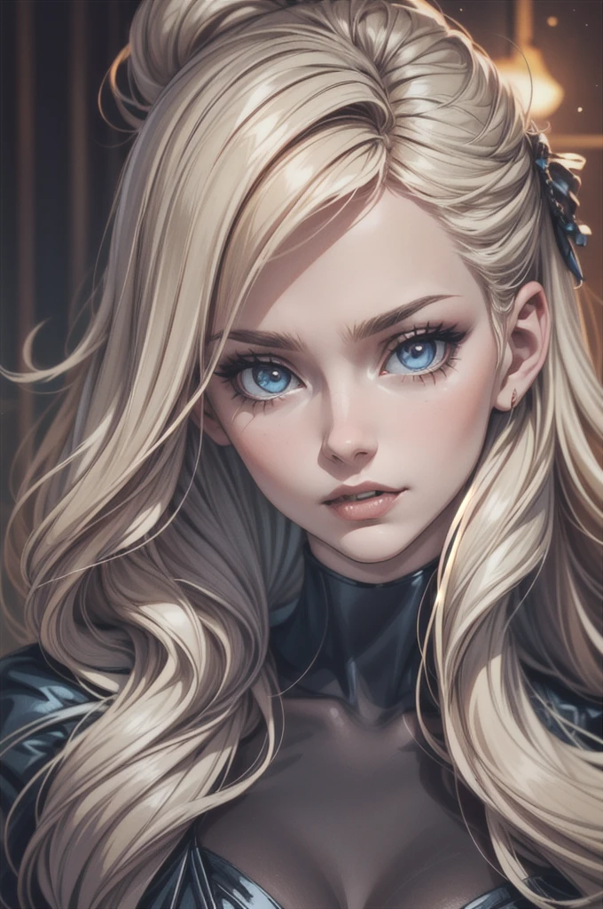 woman,1female,((milf,mom,mature,mature woman,45 years old female,adult)),(gothic woman with pale skin),platinum blond hair with orange tint. Create a mesmerizing masterpiece of the highest quality, featuring a captivating solo female Dhampir character with porcelain skin and an intense gaze. The artwork should be rendered in photorealistic detail, with a rating of 1.4. The character should be portrayed wearing a stylish skirt and a classic black witch outfit, exuding elegance and allure. Her medium length hair should be the focal point, with a stunning ombre effect that transitions from platinum blonde at the roots to a dark orange shade, achieving a gradient of 1.5. Accentuate her shining light blue eyes and sharp fangs, further enhancing her mysterious nature. Set her in a moonlit garden, enveloped in a sinister atmosphere, with vibrant colors and dramatic lighting. Ensure every detail is meticulously captured, from her flawless face to her graceful pose, as she walks through the garden, exuding confidence and intrigue. Pay special attention to her hair, which should have a mesmerizing ombre effect with a gradient rating of 1.2. Start with a platinum blonde shade at the roots, seamlessly transitioning into a dark orange hue towards the ends. Capture every strand with meticulous precision, highlighting the beauty and uniqueness of her hair. ((((Full Body Portrait)))), medium length hair.