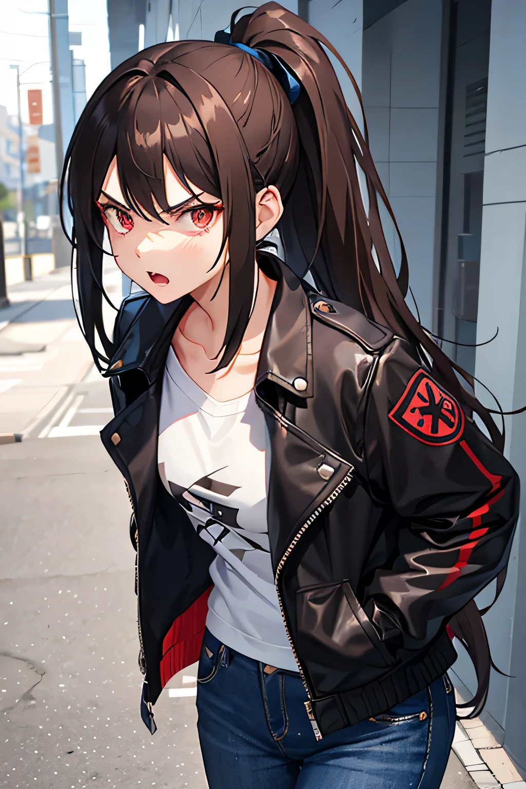 1girl,20y.o,using black jacket and short blue jeans pants,brown hair,mullet haircut,long hair,ponytail hairstyle,light red eyes,school corridor background, angry expression
