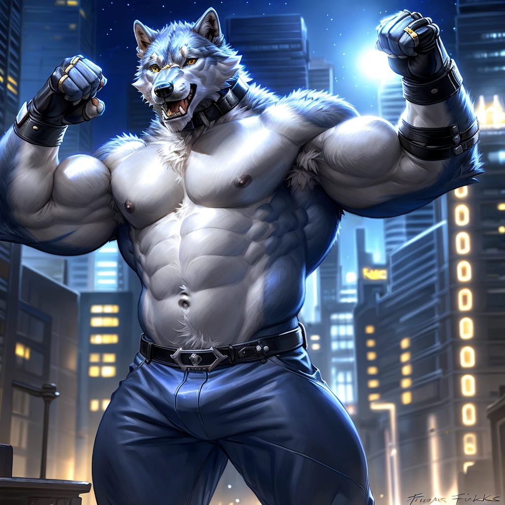 freddy, wolf, anthro body, wolf, (very muscular, heavyweight, biceps, abs, lats, sixpack, strong chest:1.2), male, masculine, 4k, high resolution, correct anatomy, (city background), (night:1.2), half body, (by taran fiddler, by rukis:1.0), correct lighting, correct shadows, detailed, detailed fur, detailed eyes, realistic shading, bare torso, (jeans:0.7), leather fingerless gloves, black collar, flexing arm, flexing bicep, armpit, speaking mouth, looking at camera,