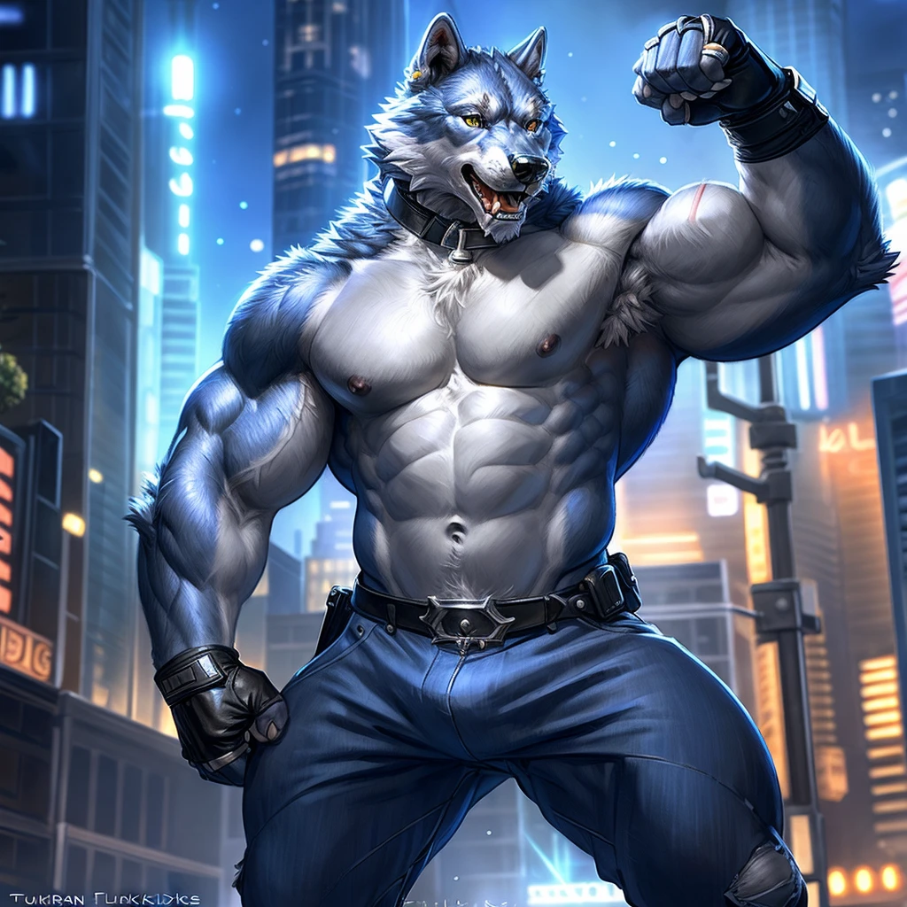 freddy, wolf, anthro body, wolf, (very muscular, heavyweight, biceps, abs, lats, sixpack, strong chest:1.2), male, masculine, 4k, high resolution, correct anatomy, (city background), (night:1.2), half body, (by taran fiddler, by rukis:1.0), correct lighting, correct shadows, detailed, detailed fur, detailed eyes, realistic shading, bare torso, (jeans:0.7), leather fingerless gloves, black collar, flexing arm, flexing bicep, armpit, speaking mouth, looking at camera,