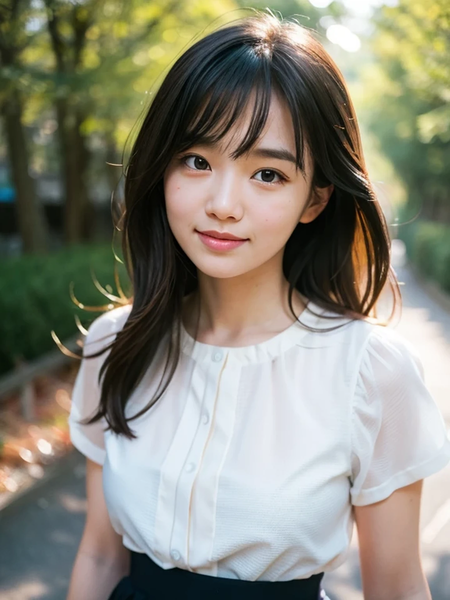 masterpiece, Best Quality, Raw photo, 8K, ultra-detailed face, 1girl, neat and clean beauty, Beautiful detailed skin, backlight, soft light, bashful, (shoot from front:1.2), smile, Luminescent, Anatomically correct, Medium hair, bangs, hair blown by the wind, Eyes and faces with detailed, Textured skin, Professional Photography, Bokeh, Portrait, Professional Lighting, Solo, Cute, Girly, Film grain, silk blouse, skirt, outside, forest shining in the morning sun,
