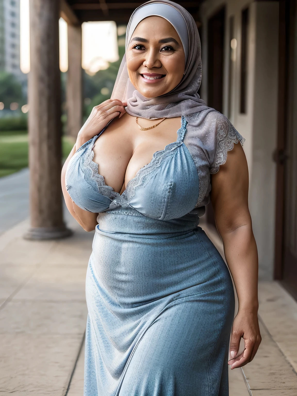 (masterpiece) (old mature) (beauty one)
60 Years old, Pinay mature woman, wearing simple Hijab, perfect curvy body, (gorgeus eyes) (saggy big breast) natural saggy breast : 4 about to burst out, gorgeous eyes, Soft smile, wearing long dress, necklace, hairband, natural makeup, outdoor at Nigh time, professional photography with excellent lighting, cool colors, 