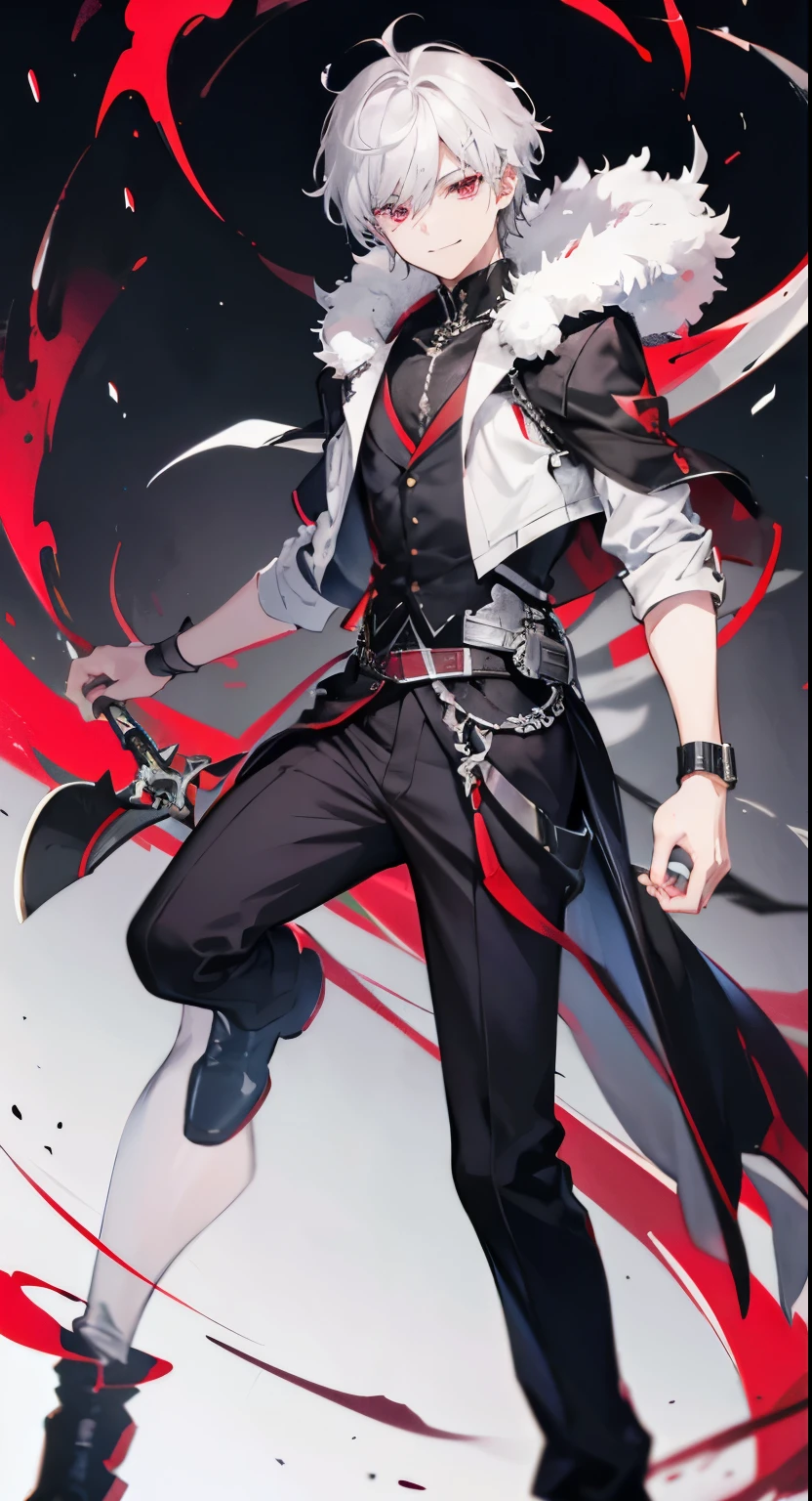 High resolution, 2D anime style,,Cool guy,Mature look,,20th generation,short hair,silver hair,red eyes,Dark Fashion,he is smiling a little,whole body,He is floating