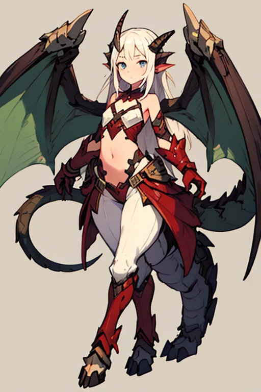 A woman with a white dragon lower body、2 Men Arms、Four dragon legs、long nails、、quadrupedal walking、delicate、delicate face、dragon horn、flat chest、exposure of the abdomen、calm expression、Super high quality