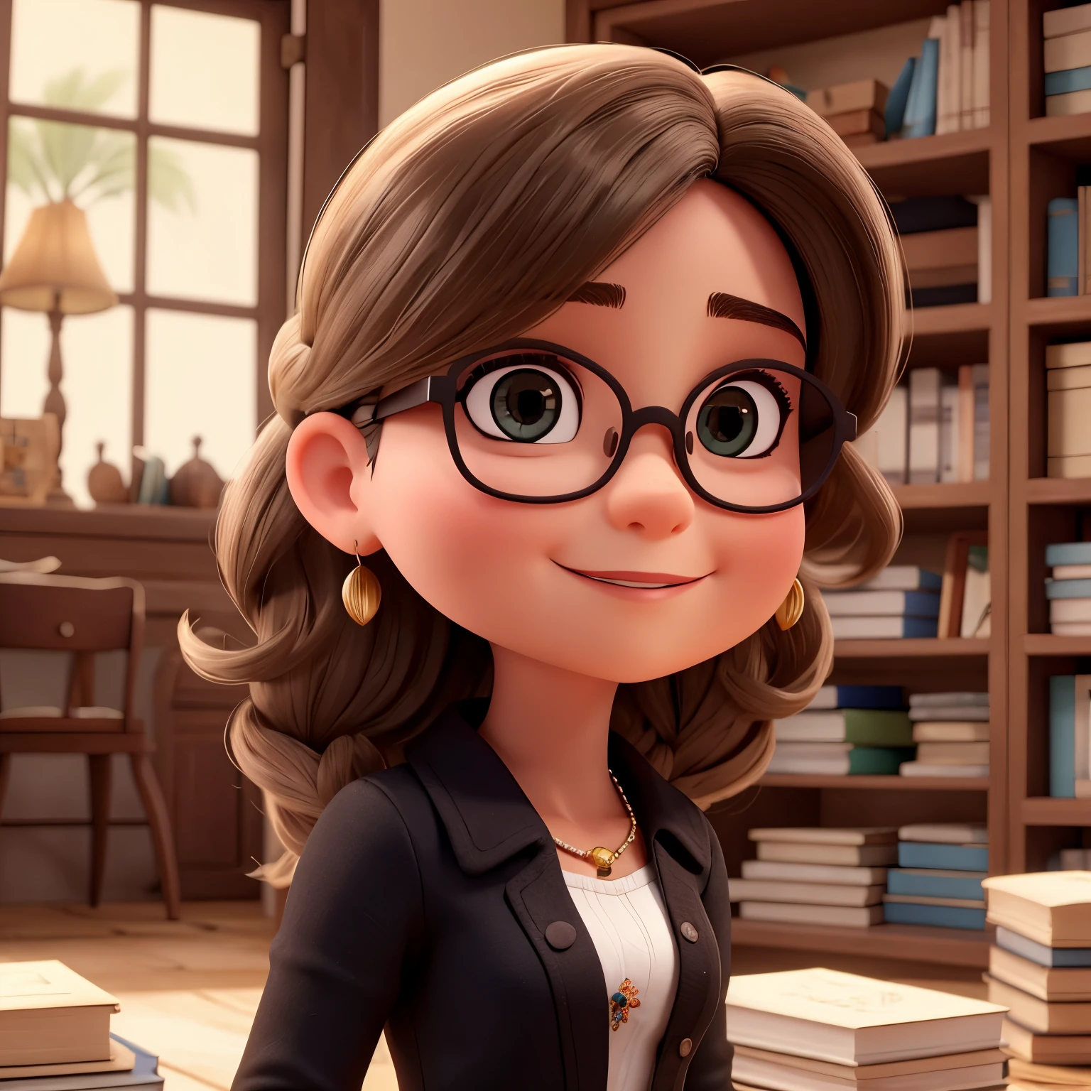 Uma garota branca de cabelos e olhos escuros, com uma pinta pequena e clara na bochecha esquerda, wearing all black prescription glasses. Segurando livros