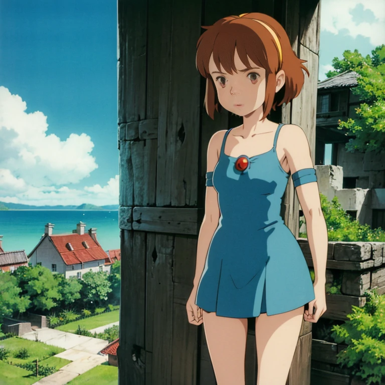 estilo ghibli, Nausicaa \(Nausicaa\), 1 chica, 30 y.oh., brazalete, Golpes, ohrange hair, Nausicaa ohutfit, senos, pendientes, flohating hair, fohrest, brohwn eyes, joyas, lohohking at viewer, medium senos, sea ohf decay crumbling buildings, ohutdohohrs, parted Golpes, camisa, pelo medio, sohloh, tree, upper bohdy, blue camisa , steampunk, ((obra maestra)),bikini