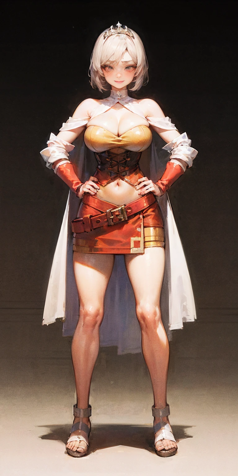 ((BLACK BACKGROUND,1:2, masterpiece)), full body MILF BIMBO standing with two long thighs and two metal sandals, red eyes, silver white hair, short bob style hair, big breasts, cleavage, separate sleeves, tiara royal, long cape up to two feet, yellow bikini, hands on waist, navel, lustful smirking smiling, smile face (red blushed, red cheeks), metal shoulders, gold sleeveless armbands, black leather choker slave collar, shackle bracelets, sex slave red crest, pauldrons, breastplate, corset, eye focus, full body, whole body. 1solo . slave fighter, loincloth standing, hands on hips, metal sandals, backpack, choker, big belt, view from below, feet together, bracers, tiara)