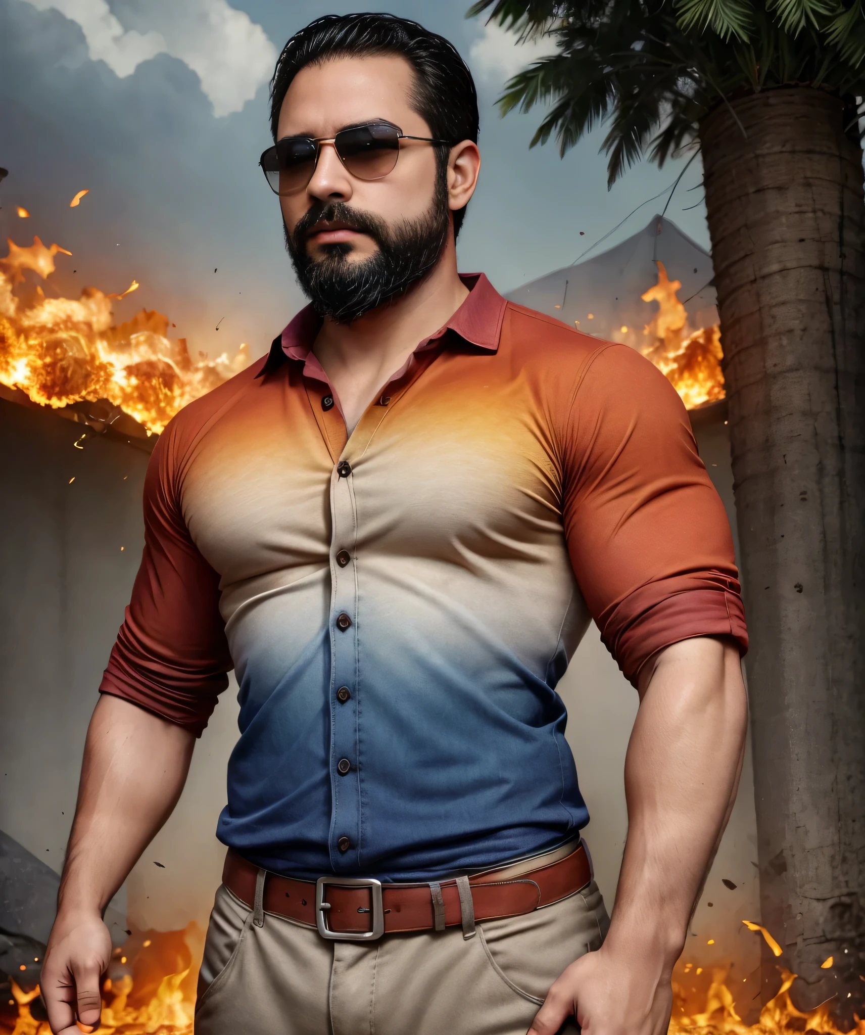 Obra maestra, desenfoque de campo, Parte superior del cuerpo, Hands in pants pockets, 38 year old man with beard and square sunglasses. Man wearing a shirt with a color gradient in an action movie with a firestorm in the background.