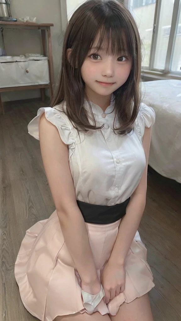 ((software: 1.4)), ((software, , ruffle skirt, 1 girl)), ultra high resolution, (genuine: 1.4), Raw photo, highest quality, (photogenuineistic), concentrated ,soft light,(()),((Japanese)),(((young face))),(surface),(Depth of the bounds written),masterpiece,(Photogenuine),woman,bangs,( (1 girl), smile,