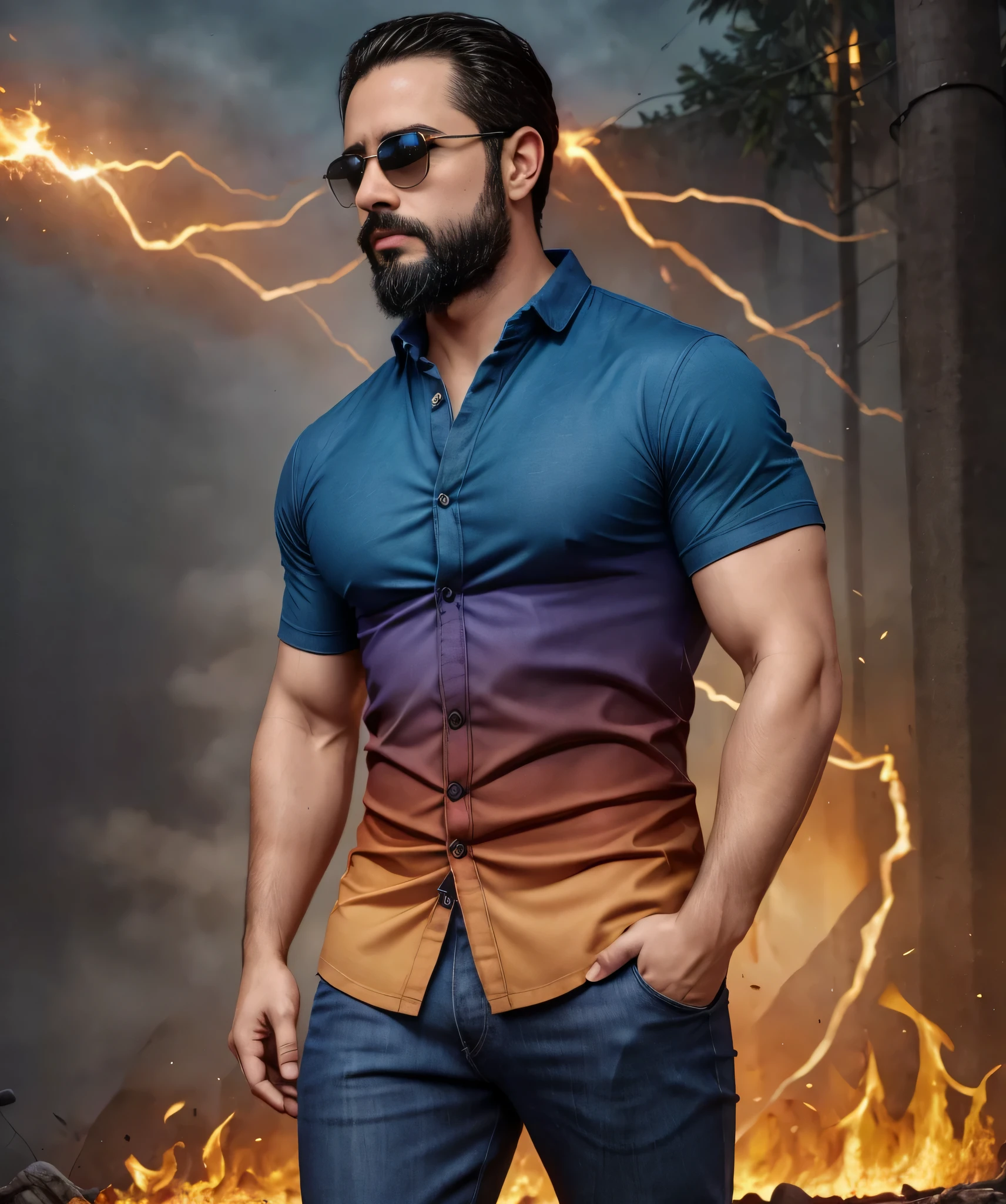 Obra maestra, desenfoque de campo, Parte superior del cuerpo, Hands in pants pockets, 38 year old man with beard and square sunglasses. Man wearing a shirt with a color gradient in an action movie with a firestorm in the background.