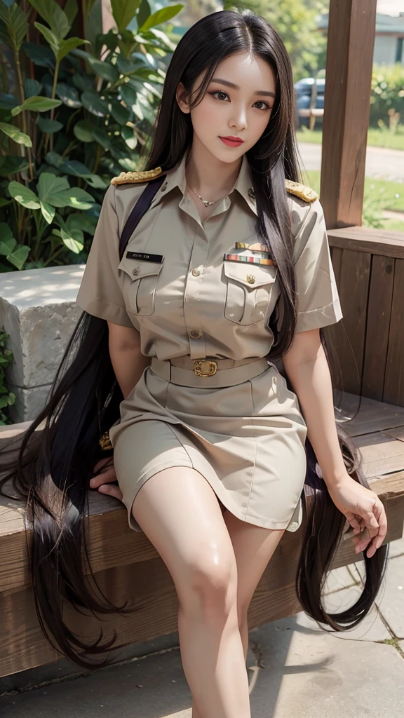 Khaki suit, khaki civil servant, Thai teacher uniform:1.3, Beautiful girl with extra long hair, Two meter long hair, Long hair that catches the eye, long black hair, Her hair is very long., Long, shiny hair, Long, thick, soft hair, Extra long hair, Dynamic posts, like full body, Short sleeve shirtสีกากี, short pencil skirtสีกากี, side cut, Decorated with military insignia., black high heels, The sexiest, small waist, hips raised, small thighs, Long legs, Huge breasts, Huge breasts:1.5, big breast, Very big breasts, Eye-catching breasts, A gigantic rift, Not completely covered, big breast, Huge breast, Big tits D, สาวTwo meter long hair, Beautiful face, red lips, Very shiny, แต่งBeautiful face, Military rank insignia, short pencil skirt, tight, Short sleeve shirt, tight fitting, in the background, blurred garden. ultra short skirt, very short skirt, Wear a miniskirt., holding a wand, slender wood