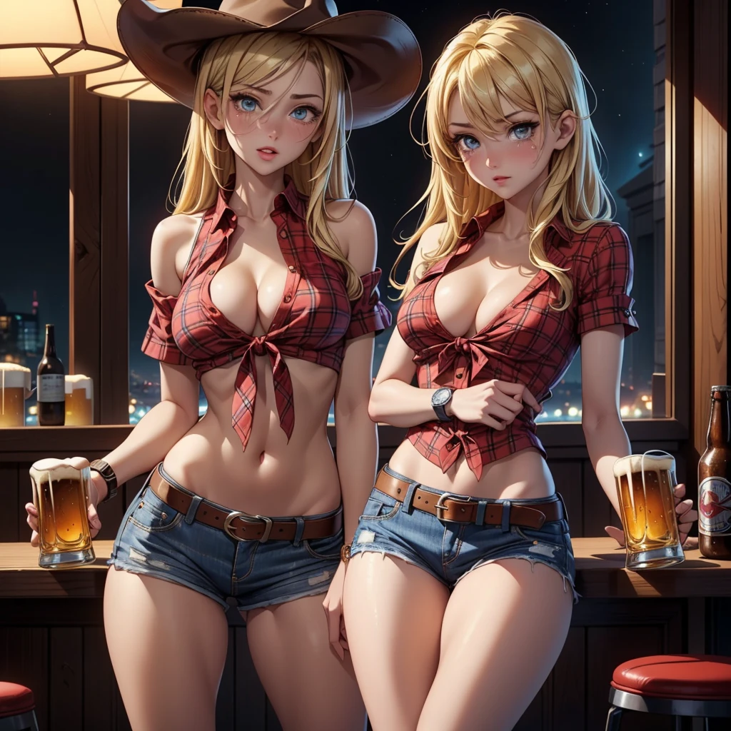 (((cowgirl costume))),(((have a beer))),(((small breasts))),(((Low waist denim shorts))),(((Wear a western hat))),(((Wearing a leather belt))),(((He is wearing a red short-sleeved plaid tie-front shirt))),(((Wearing a watch))),(((show cleavage))),(((Bare Thin Inner Thighs))),(((naked side boob))),(((bare arms))),(((Her hair is blonde))),, beautiful slender girl, very detailed目と顔, detailed and beautiful eyes, Super detailed, High resolution, highest quality, masterpiece, very detailed, 8k wallpaper, wonderful, finely, highest quality, light shines on your face,,1 girl,(Late-night bar,),Beautiful watery eyes,crying bitterly,open your mouth