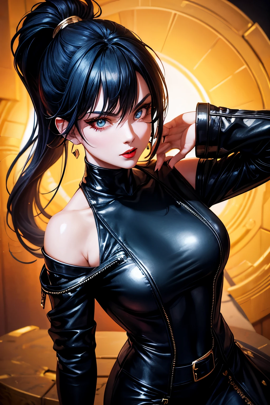 Woman, 30 years, hot, Tight black dress, high-heeled boots, leather jacket, gold accessories, vibrant, dark blue hair, pony tail, amber eyes, makeup, red lips, high detail, cinematic lighting, from above, caustics, masterpiece, textured skin, super detail, high quality