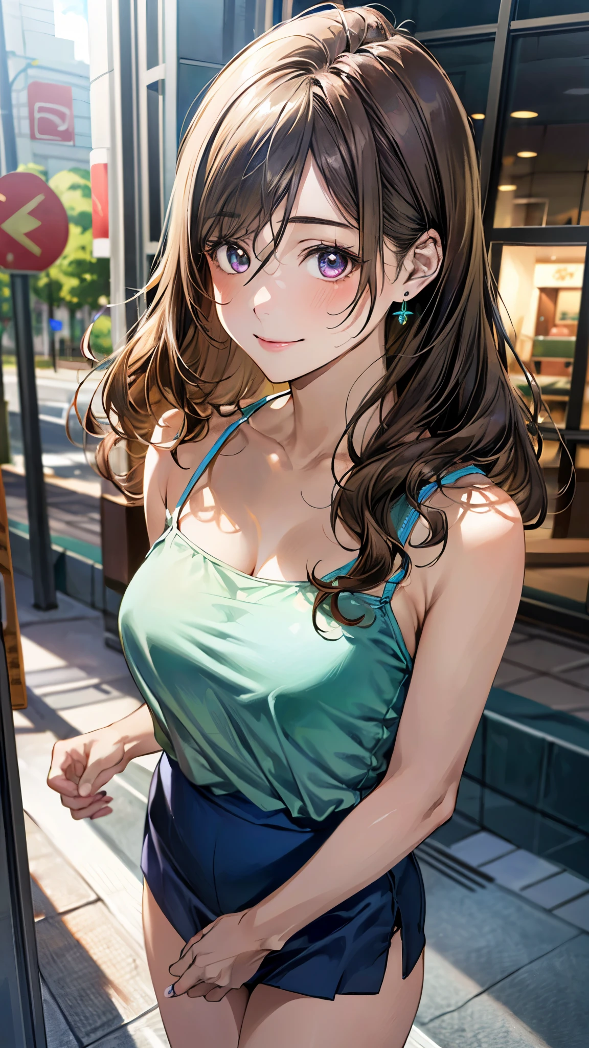 (masterpiece:1.3, top-quality, ultra high res, ultra detailed), (realistic, photorealistic:1.4), beautiful illustration, perfect lighting, natural lighting, colorful, depth of fields, surrealism,
beautiful detailed hair, beautiful detailed face, beautiful detailed eyes, beautiful clavicle, beautiful body, beautiful chest, beautiful thigh, beautiful legs, beautiful fingers,
looking at viewer, 1 girl, japanese, high school girl, (gravure idol), (perfect anatomy, anatomically correct), cute and symmetrical face, face, perfect face, perfect eyes, shiny skin, slender,
(long hair:1.7, wavy hair:0.8, light brown hair), hair between eyes, emerald green eyes, long eye lasher, (large breasts:0.8, seductive thighs),
((light purple camisole, blue mini skirt)),
(beautiful scenery), summer, evening, (shopping mall), standing, (lovely smile, upper eyes),