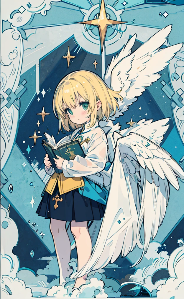 A girl with beautiful detailed eyes, highlighted with a 10% increase in strength, and long blonde hair is the centerpiece of this masterpiece. Her face has an angelic touch, with equal emphasis on her angelic detailed lips. The flowing blonde hair cascades down, framing her angelic face. On her back, she proudly displays a pair of angelic detailed wings, also enhanced with an 10% increase in strength. She is dressed in a feminine uniform that exudes a Catholic European charm, accentuated by the inclusion of angelic details such as a crucifix, rosary, and cross. 

The girl is sitting with her legs crossed, wearing an ankle-length skirt that adds to her elegant appearance. The background is filled with heavenly elements, such as angels and stars that light up the sky. The atmosphere is ethereal, as if she is in paradise surrounded by fluffy clouds. 

The image quality is of the highest standard, boasting a resolution of 4k, 8k, or even higher. The level of detail is extraordinary, capturing ultra-detailed features. The image has a realistic and photorealistic quality with a 37% increase in realism. The use of HDR and UHD further enhances the visual impact. Studio lighting is employed to create a professional look, ensuring that every detail is brought to life. Vivid colors are employed throughout the image, creating a visually striking effect. 

The overall style of the image leans towards a painterly approach, with soft and dreamy colors dominating the palette. The lighting is designed to be soft, adding to the ethereal atmosphere. The composition of the image is perfect for a book cover design. The girl's golden beautiful eyes are a focal point, captivating the viewer with their flawless allure. Her tomboy body is juxtaposed with her strong feminine presence, creating a sense of empowerment and beauty. 

Remember, I need the prompt without any additional explanations or punctuation.